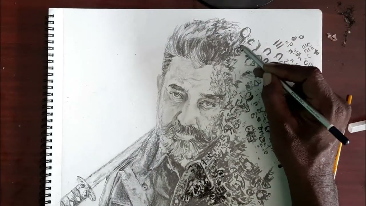 Pencil sketch of Kamal Haasan – Ginnu Ganesan – BnW Illustrated